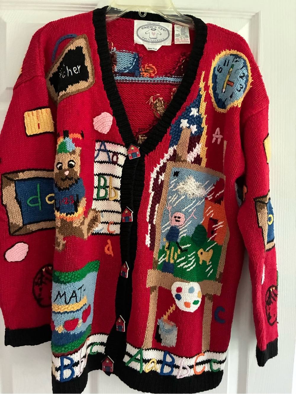 Vtg 90s Eagle's Eye School Teacher Cardigan Sweater Hand Knit Novelty Red Small